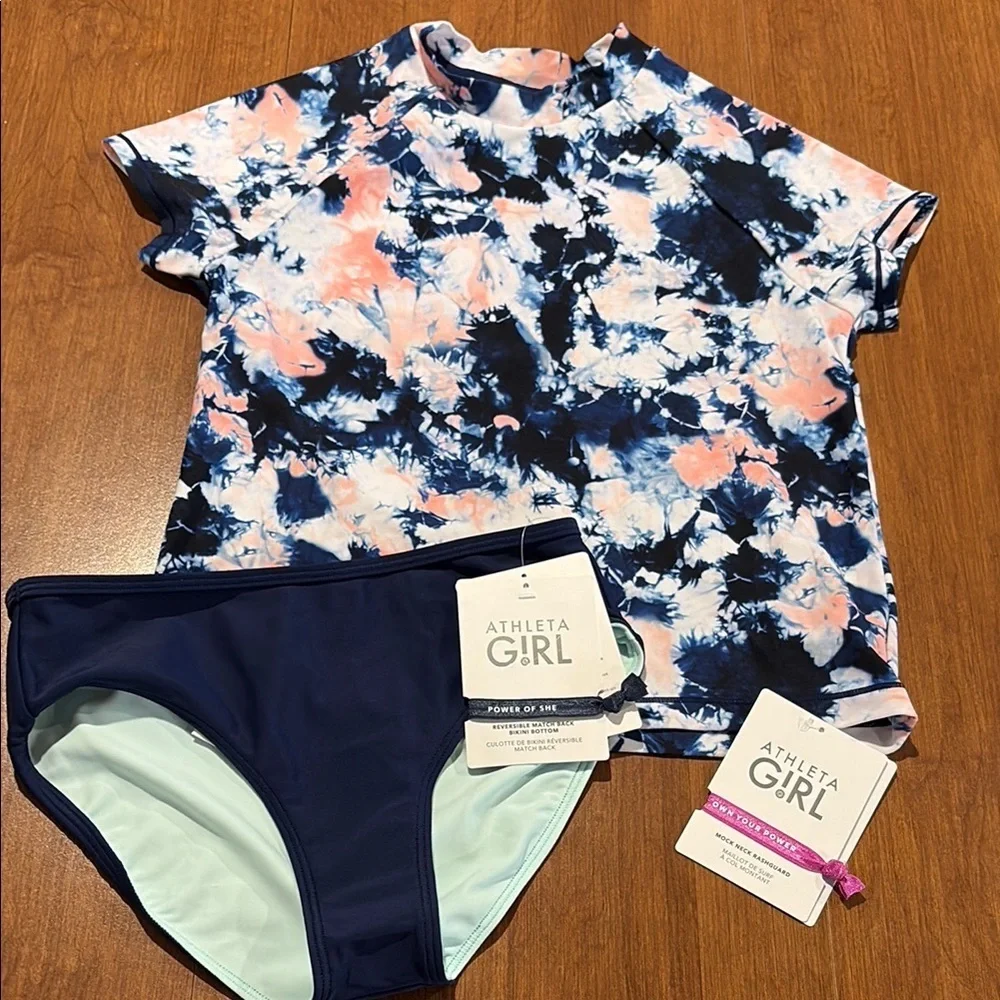 Athleta Girl 3 piece set of Mock Neck Rashguard, Tankini, & Bikini Bottom Sz 12